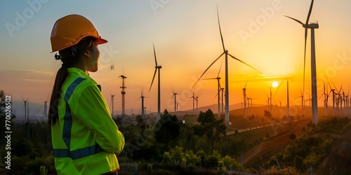 Engineer overseeing wind turbine construction for quality control. Concept Wind Turbine Construction, Quality Control, Engineering Inspection, Energy Efficiency, Industrial Oversight