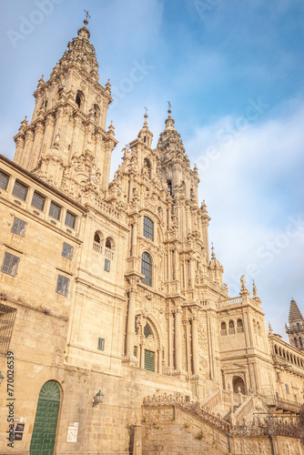 vertical view of the facade of the Santiago de Compostela Cathedral, Galicia. Spain