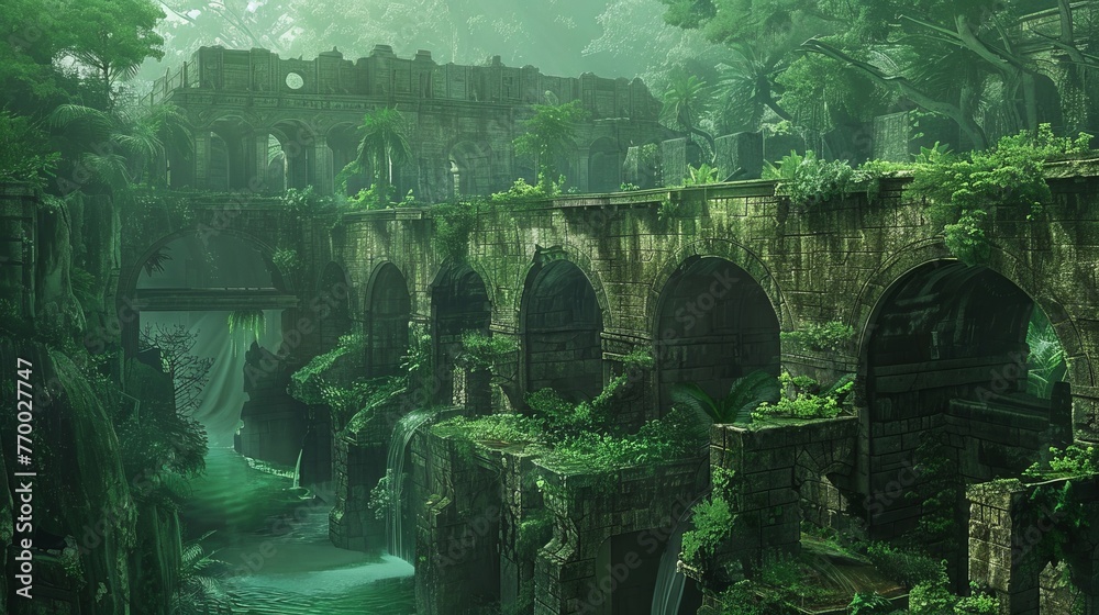 A series of water channels and aqueducts in a lush jungle, resembling ancient ruins