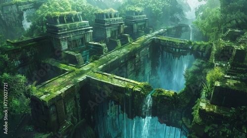 A series of water channels and aqueducts in a lush jungle, resembling ancient ruins