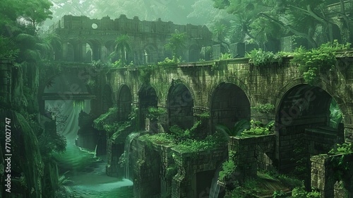A series of water channels and aqueducts in a lush jungle, resembling ancient ruins