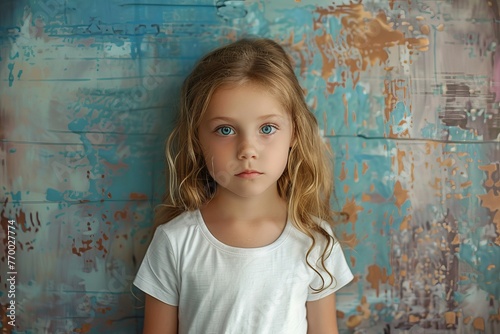 European child girl 4-6 years old in a white T-shirt without a pattern against the background of a colored wall