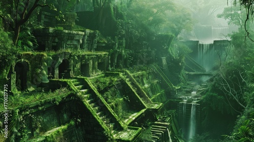 A series of water channels and aqueducts in a lush jungle  resembling ancient ruins