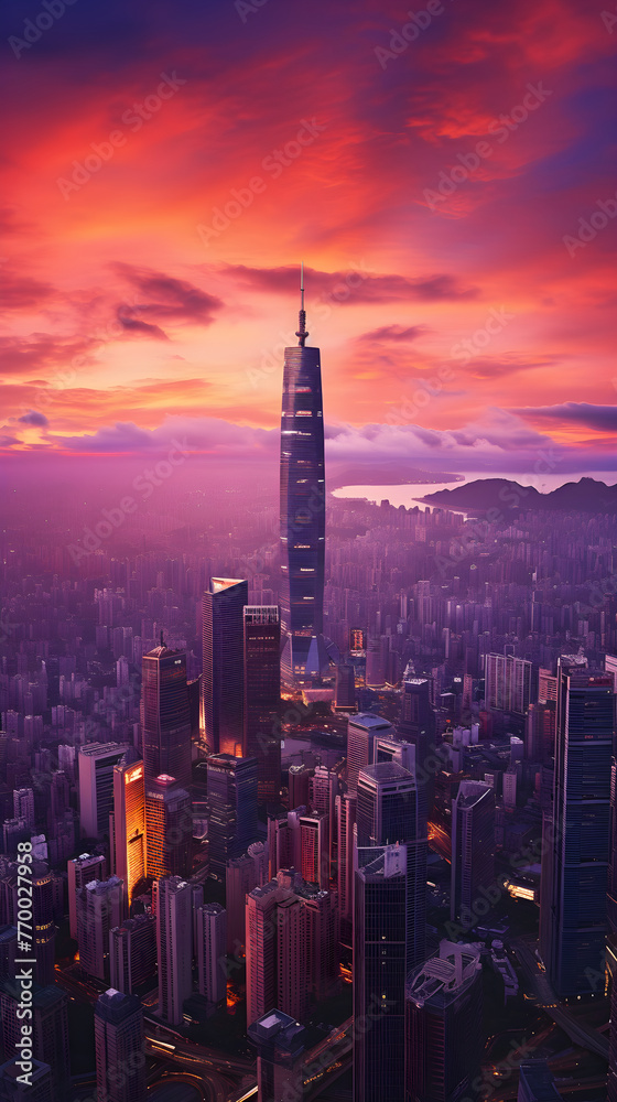 Evening Serenade - A Majestic Sunset Over GZ Skyline with Skyscrapers Embracing Twilight Hues