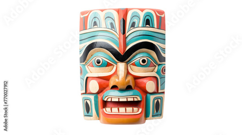 A handcrafted wooden mask featuring a vividly painted face in vibrant colors