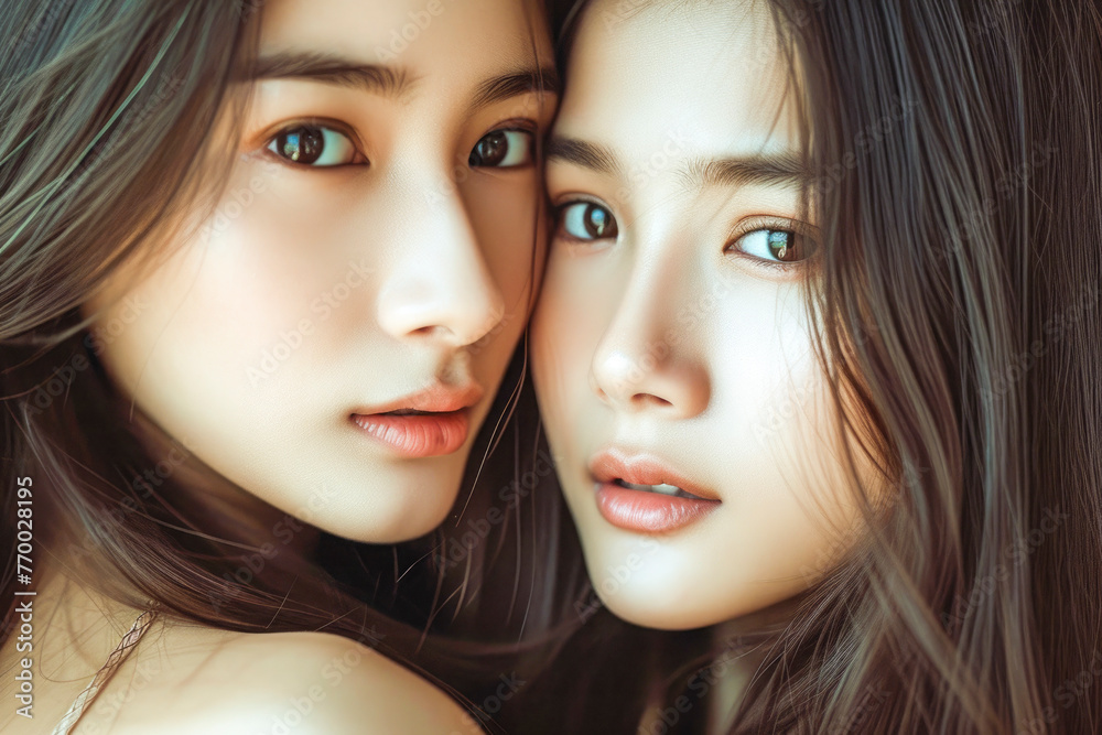Two beautiful asian girls twins next to each other portrait Two beautiful asian girls twins next to each other portrait