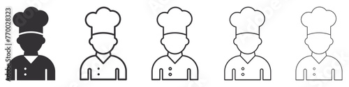Set of chef icons. Uniform and cook, man chef worker, silhouette of man in hat. Professional chef. Vector.