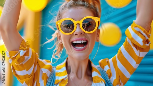 Woman in Yellow Sunglasses and Striped Shirt