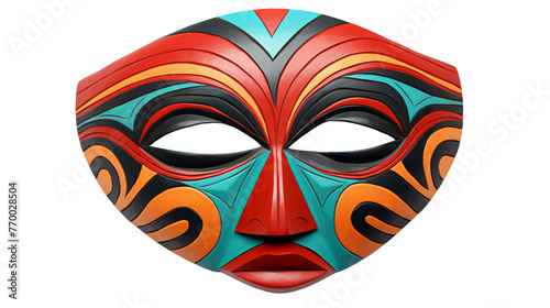 A colorful mask rests gracefully against a stark white background