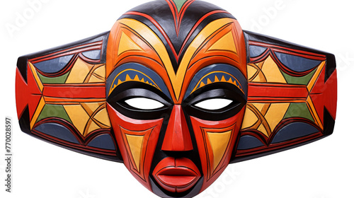 A vibrant, colorful mask stands out against a white background