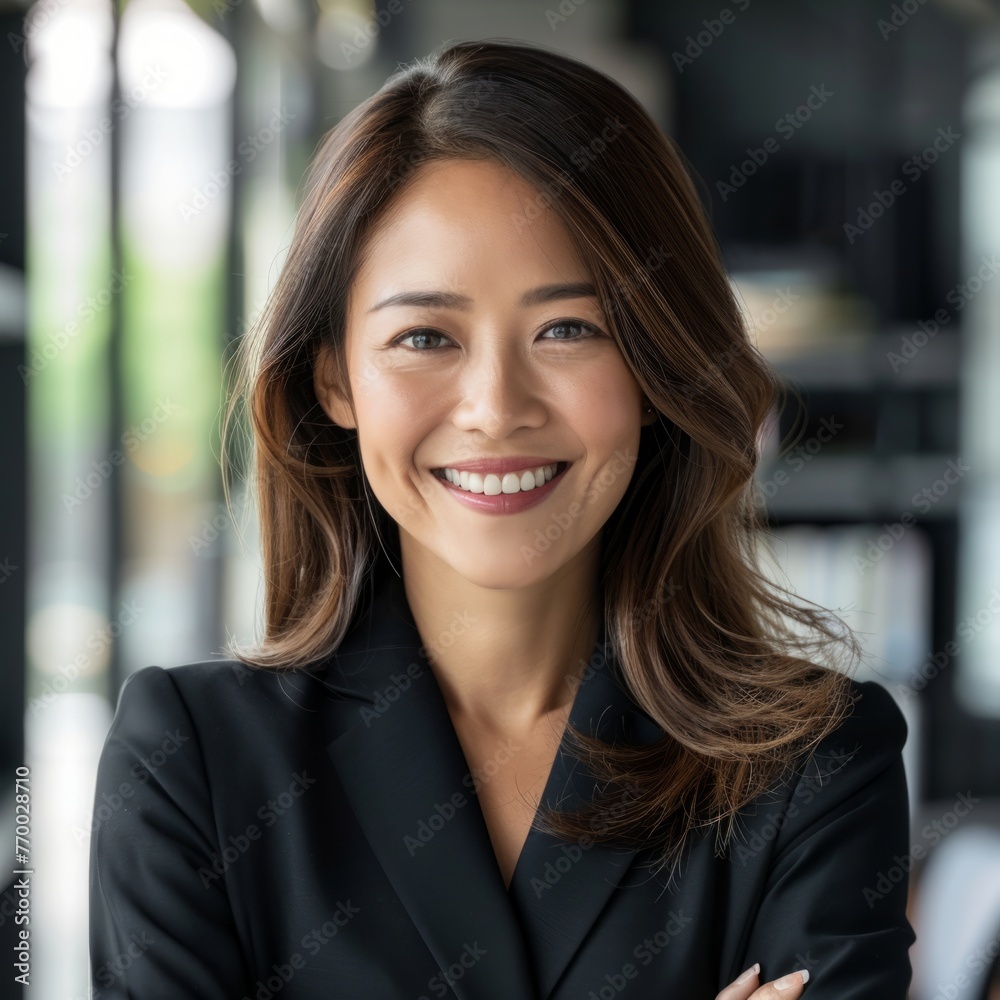 Smiling Asian businesswoman 30-40 years old, active business woman against the background of her office Smiling Asian businesswoman 30-40 years old, active business woman against the background of her office