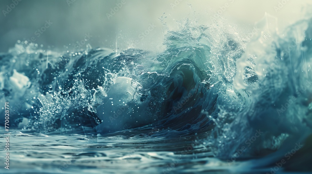 An ocean wave frozen in time, with detailed spray and droplets - obrazy, fototapety, plakaty 
