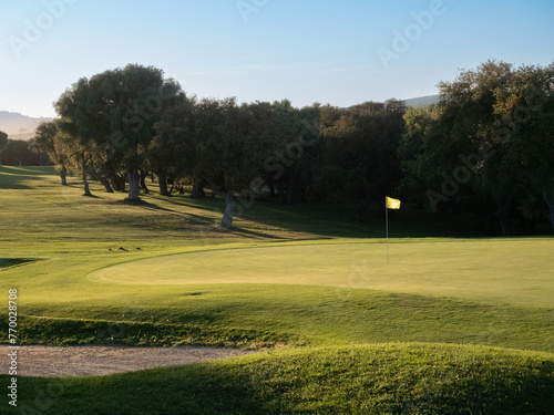 View of golf course with green grass and forest with beautiful putting green with rich green landscape