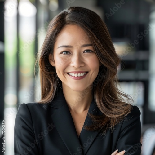Smiling Asian businesswoman 30-40 years old, active business woman against the background of her office