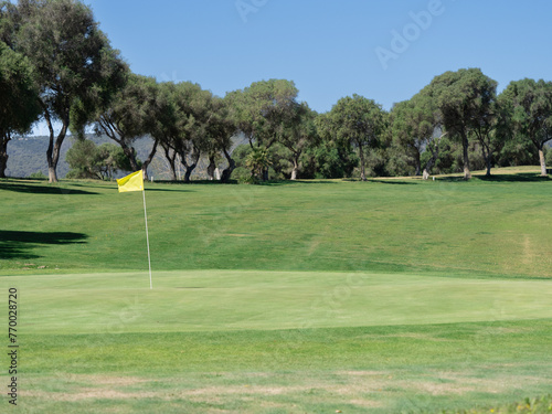 View of golf course with green grass and forest with beautiful putting green with rich green landscape