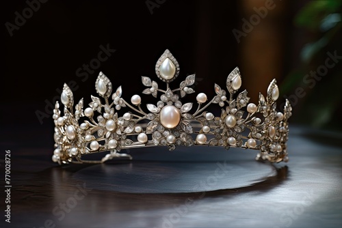 Silver crown with diamonds on dark background with copy space
