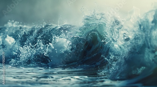 An ocean wave frozen in time, with detailed spray and droplets © Chingiz