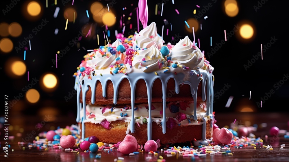 Funfetti cake with colorful sprinkle explosion ultra hd.