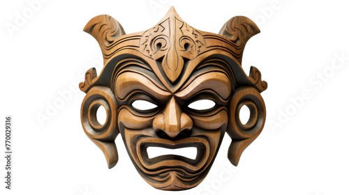 A mask depicting a demons sinister face, staring out with fiery eyes and sharp horns