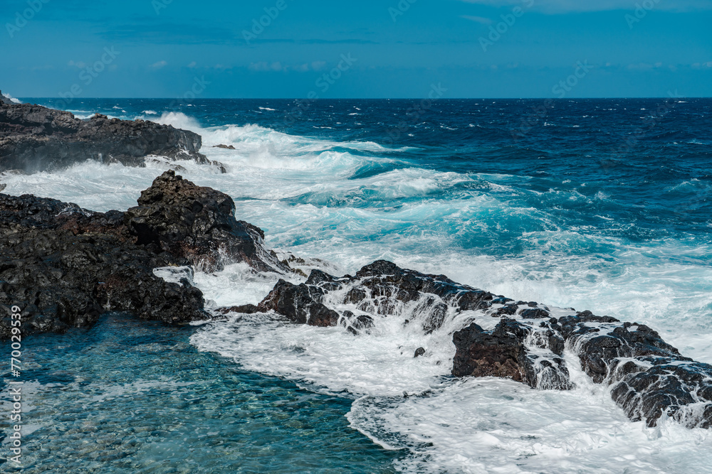 Makapuʻu Tide Pools, basalt comes from the Koʻolau volcano in eastern Oahu, Hawaii Geology. Waves hitting the rocks.
Makapuʻu Tide Pools, basalt comes from the Koʻolau volcano in eastern Oahu, Hawaii Geology. Waves hitting the rocks.