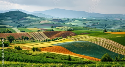 Rural hillside covered in a quilt of agricultural fields, with different crops creating patterns of color and texture.