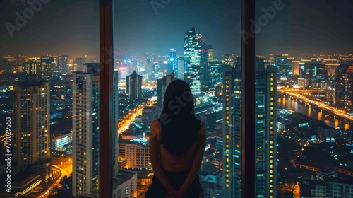 Woman Looking Out Window at Night Cityscape