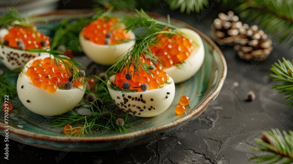 Egg snack with caviar decorated with greenery and decorations on a beautiful saucer, copyspace, professional photo Egg snack with caviar decorated with greenery and decorations on a beautiful saucer, copyspace, professional photo