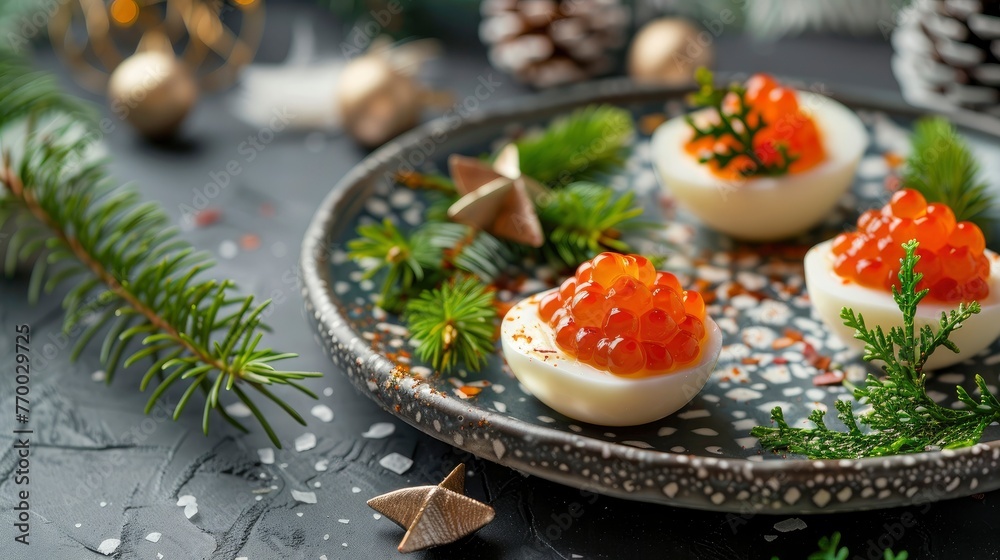 Egg snack with caviar decorated with greenery and decorations on a beautiful saucer, copyspace, professional photo Egg snack with caviar decorated with greenery and decorations on a beautiful saucer, copyspace, professional photo