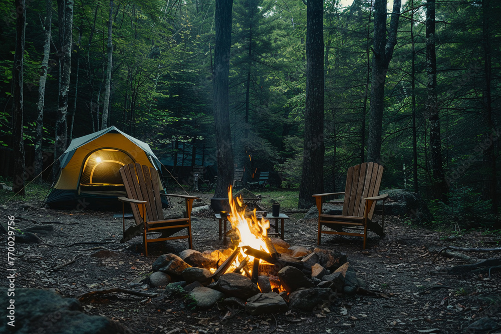 Rest in the forest with tents. There is fire in the middle, tents, chairs for relaxation and a lot of trees