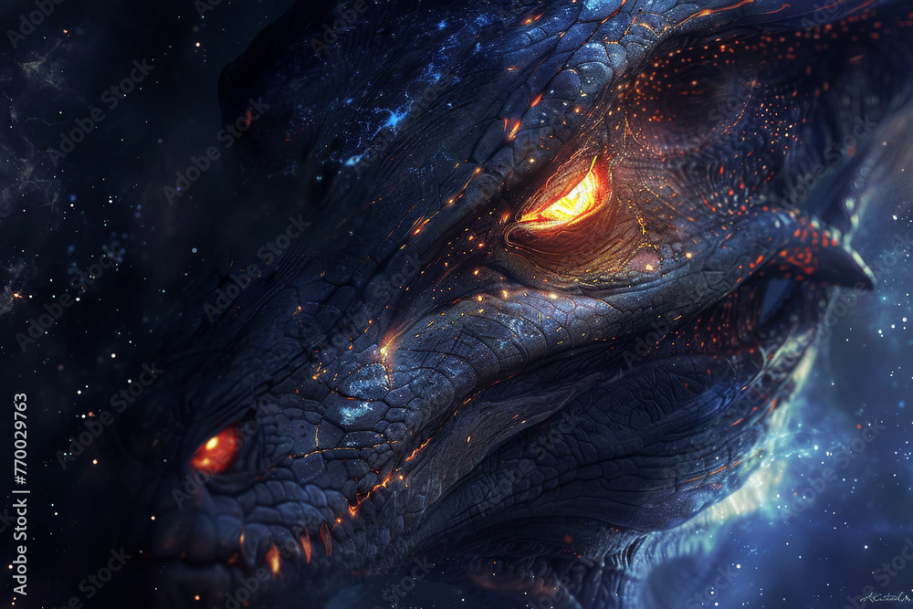 Naklejka premium A dragon with glowing eyes is shown in a dark blue background