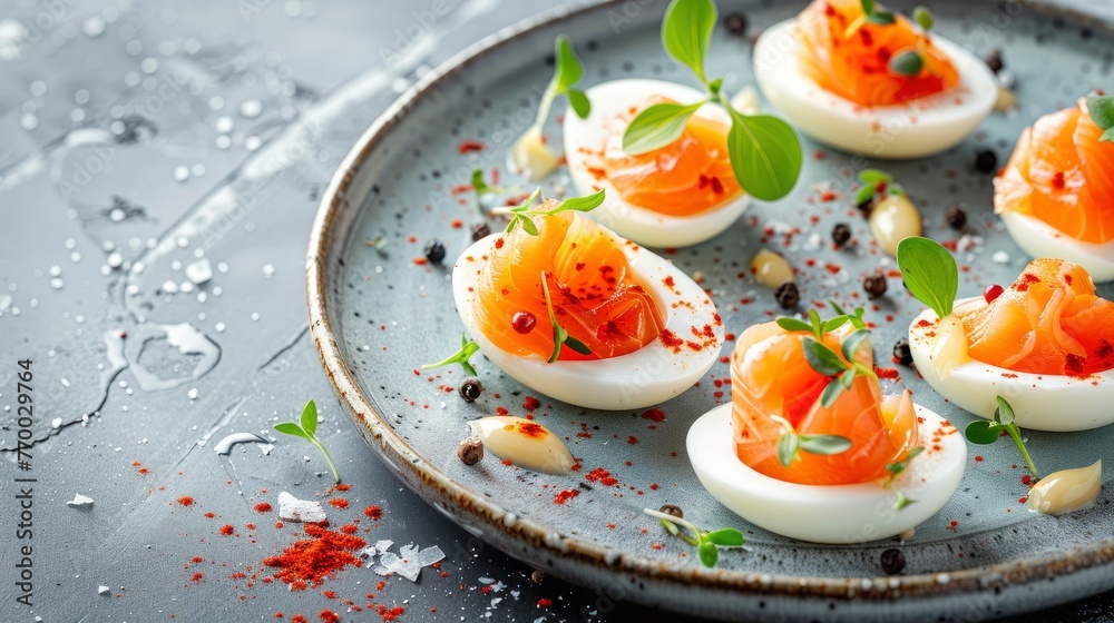 Egg snack with salmon fillet pieces and decorations on a beautiful saucer, copyspace, professional photo Egg snack with salmon fillet pieces and decorations on a beautiful saucer, copyspace, professional photo