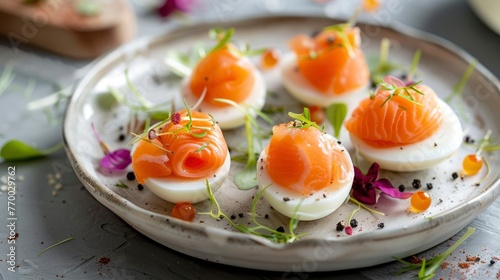 Egg snack with salmon fillet pieces and decorations on a beautiful saucer, copyspace, professional photo