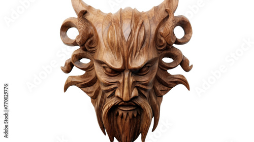 A wooden mask adorned with horns, embodying an ancient and mysterious guardian spirit