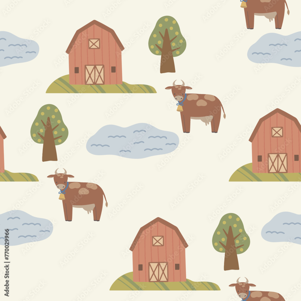 Farm seamless pattern with farm house, trees and cow, hand drawn cute ...