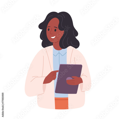 Female scientist, doctor or biologist in white coat holding digital tablet. Doctor looking in the medical card. Vector illustration in flat style