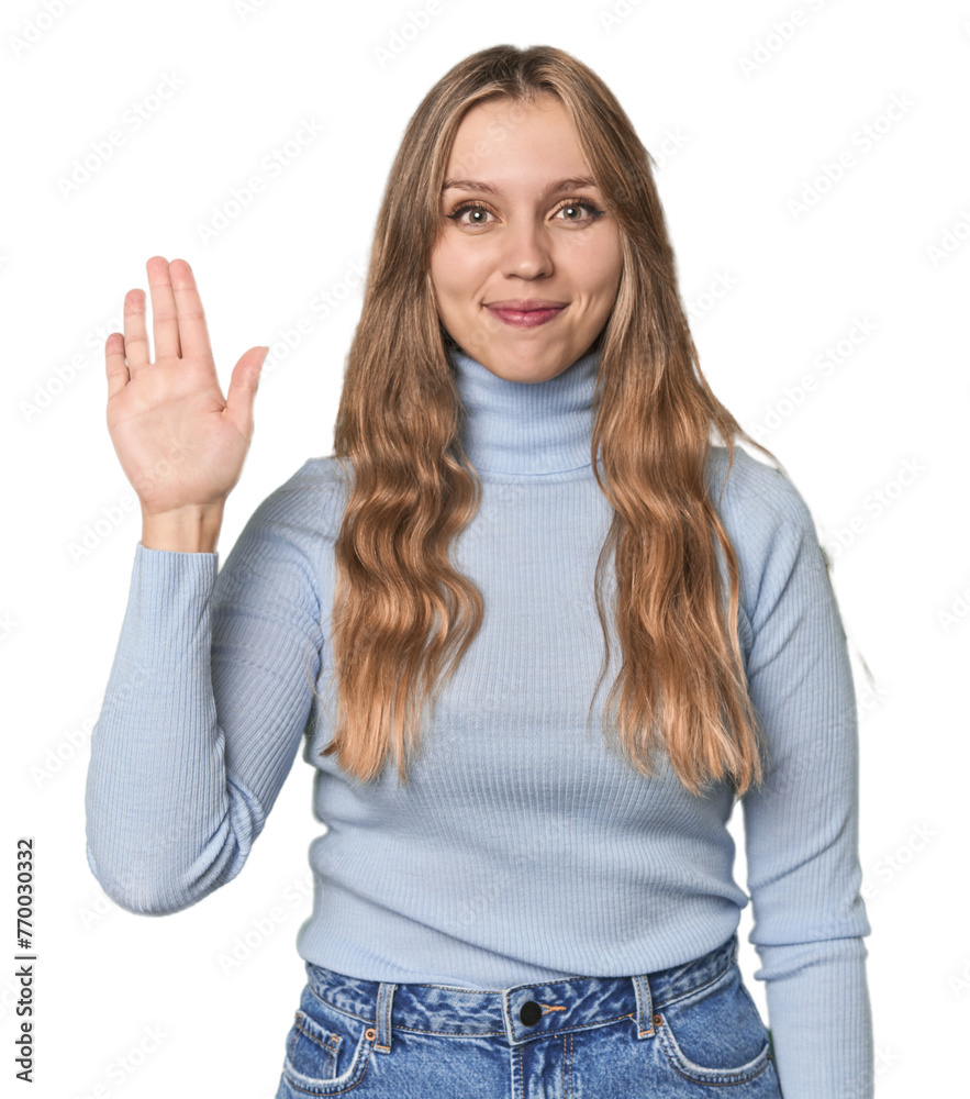 Studio portrait of a blonde Caucasian woman smiling cheerful showing number five with fingers.