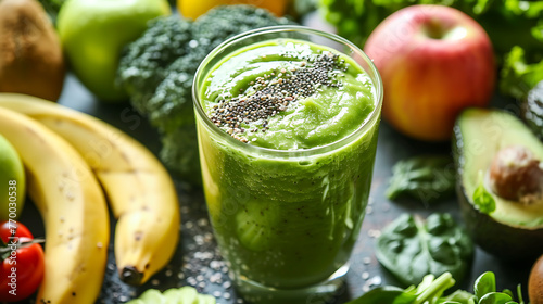 a green smoothie surrounded by various fruits and vegetables.