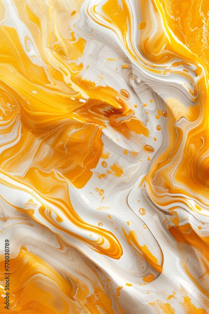 Oranges and white waves abstract background, textured, marbles, ink liquid. Modern abstract summer backdrop. - obrazy, fototapety, plakaty 