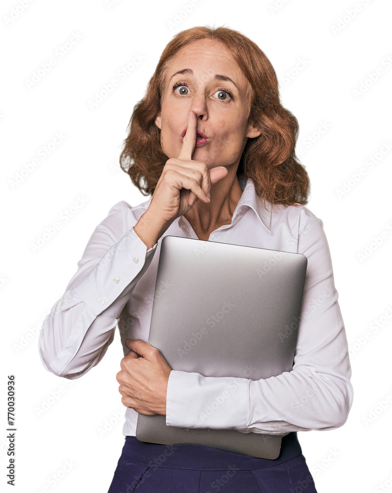 Mid-aged Caucasian with laptop in studio keeping a secret or asking for silence. Mid-aged Caucasian with laptop in studio keeping a secret or asking for silence.