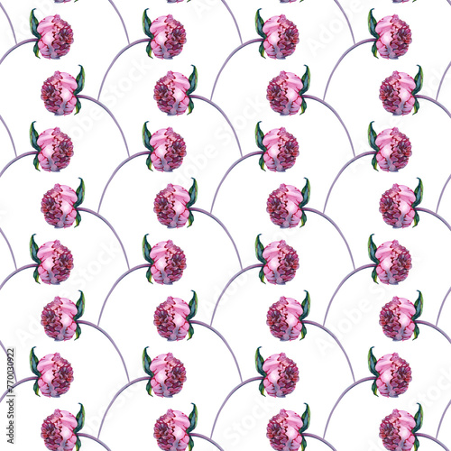 Gentle Summer Floral Seamless Pattern with Burgundy Peonies Flowers in Vintage Style, Botanical Greeting Card, Watercolor illustration on white Background.