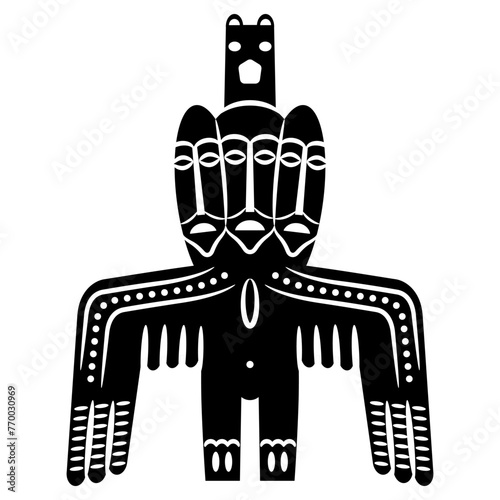 Tribal ancient Siberian totem idol. Permian animal style. Winged pagan shaman deity with three faces. Black and white silhouette.
