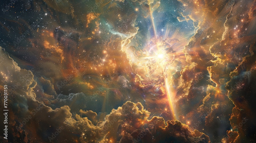 Fototapeta premium Beams blessing world with heavenly light, Tableau of celestial reverence, Abstract futuristic sky background