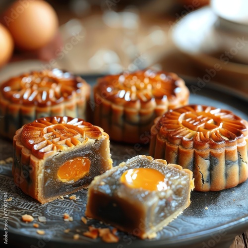 Close-up of Chinese mooncakes, traditional pastries filled with lotus seed paste and salted egg yolk, served during Mid-Autumn Festival photo