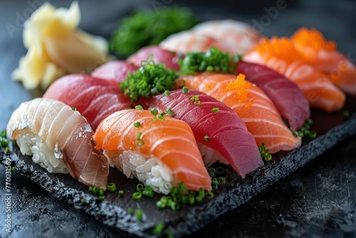 Close-up of fresh sushi and sashimi assortment on a minimalist Japanese setting, emphasizing the freshness