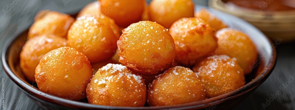 Close-up of Nigerian puff-puff, deep-fried dough balls, similar to doughnuts, often dusted with powdered sugar or dipped in chocolate sauce Close-up of Nigerian puff-puff, deep-fried dough balls, similar to doughnuts, often dusted with powdered sugar or dipped in chocolate sauce