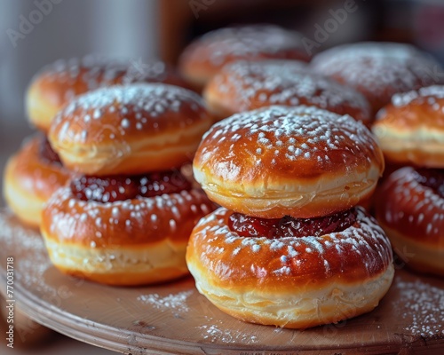 Close-up of Serbian krofne, airy and soft doughnuts filled with jam, a Balkan favorite