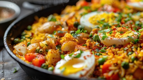 Close-up of Sri Lankan kottu roti, chopped and mixed with vegetables, eggs, and optional meats photo