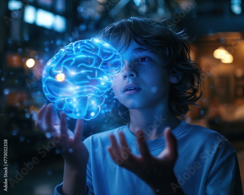 Medium shot of a kid pondering over a holographic blue brain floating above their hands