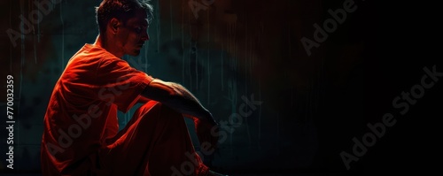 Medium shot of a prisoner sitting in darkness, the only light casting red shadows in their eyes, a figure of solitude and strength