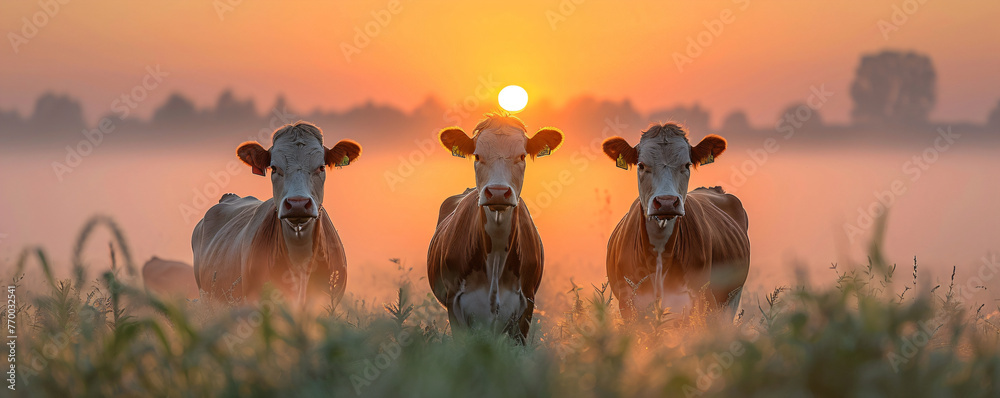 Panorama of grazing cows in a meadow with grass. Sunrise in a morning ...